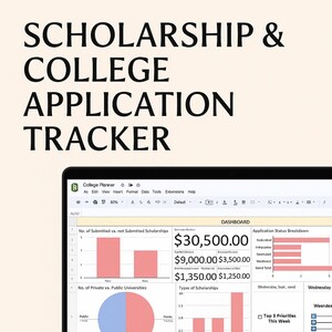 May include: A digital dashboard titled "SCHOLARSHIP & COLLEGE APPLICATION TRACKER" displays financial data and charts. The spreadsheet shows scholarship amounts, application status, and types of scholarships. The interface includes a menu bar and various data visualizations.