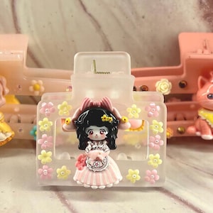 Set of 3 peach Hair Claw Clips: Kawaii Cat and Girl Design