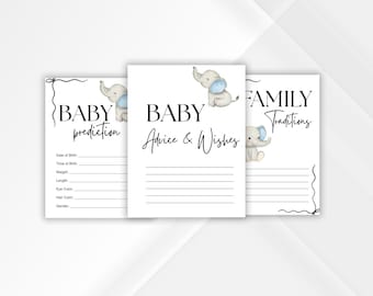 Blå babyshower-utskriftbara saker – Förutsägelser, råd och familjetraditioner – Blått elefanttema