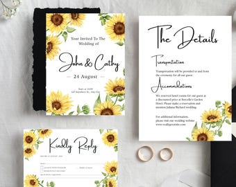 Invitación de boda con girasoles, estilo rústico bohemio, plantilla editable, descarga instantánea