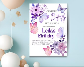 Butterfly Birthday Invitation, Purple Floral Party Invite, Girl Birthday Template