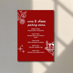 Può includere: Un menu di abbinamento vini e formaggi rosso con testo e illustrazioni bianche. Il menu include abbinamenti come Prosecco con brie e fragole e Pinot Noir con cheddar e fichi.
