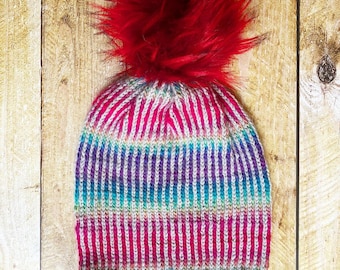 Rainbow Hat, Ombre Hat, Knitted Pompom Hat, Pompom Hat, Knitted Slouch