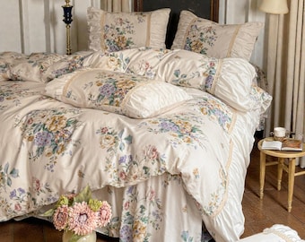 French Cream Floral Bedding Set | Pleated Lace, Long Staple Cotton