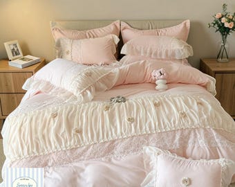 Korean Princess Bedding Set | Cotton Heart Lace Flower Duvet Cover Cozy Bedding