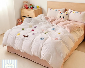 Juego de ropa de cama infantil de algodón lavado / Juego de ropa de cama acogedora de 4 piezas para dormitorio de estudiantes (tamaño Queen)