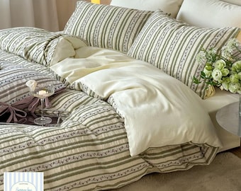 Yarn-Dyed Cotton Jacquard Bedding Set | Striped Gauze Three-Layer Washed Cotton Cozy Luxury Set