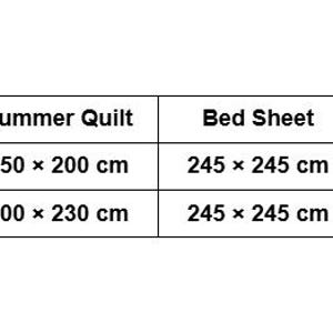 May include: A size chart for bedding sets, with dimensions in centimeters. The chart includes options for small and standard bed sizes, detailing summer quilt, bed sheet, and pillowcase measurements. The text is in black on a white background.