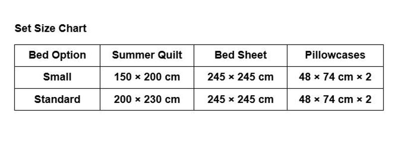 May include: A size chart for bedding sets, with dimensions in centimeters. The chart includes options for small and standard bed sizes, detailing summer quilt, bed sheet, and pillowcase measurements. The text is in black on a white background.