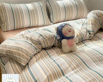 Washed Cotton Striped Bedding Set | Soft Breathable Four Piece Quilt Cover
