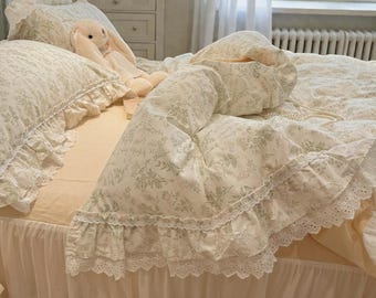 French Lace Cotton Bedding Set | Floral Quilt Cover & Sheets