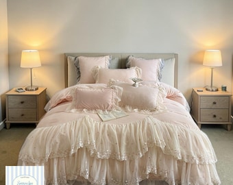 French Princess Quilted Bedding Set | Washed Cotton Lace Duvet Cover 4-Piece Bedding