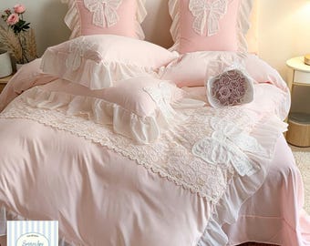 Korean Princess Lace Embroidery Bedding Set | 4 Piece Chiffon Duvet Cover