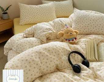 4 Piece Washed Cotton Floral Bedding Set | Cozy Dorm Quilt Cover