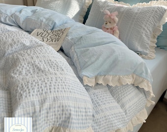 Washed Cotton Lace Bedding Set | Korean Princess Style, Cozy Elegant 4-Piece Quilt Cover