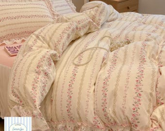 Juego de ropa de cama Princess Lace / 4 piezas de faldón de cama de algodón puro, algodón lavado, juego de lujo acogedor