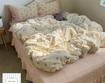 Ausgewaschene Baumwolle Queen Bettwäsche Set | Blumenmuster Bettbezug, Kissenbezüge, Bettwäsche