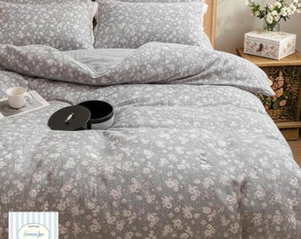 Juego de ropa de cama de gasa con estampado floral pastoral / Juego de cama de lujo acogedor de 4 piezas de algodón lavado con encaje