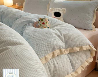 Komplet pościeli dziecięcej w kratę z koronki bawełnianej | 4-częściowa, przytulna poszwa na kołdrę do pokoju dziecięcego