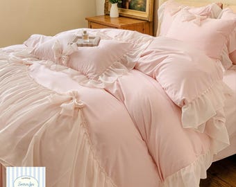 Cream Princess Bedding Set | Washed Cotton Duvet Cover, Heart Detail, Cozy Luxury Bedding