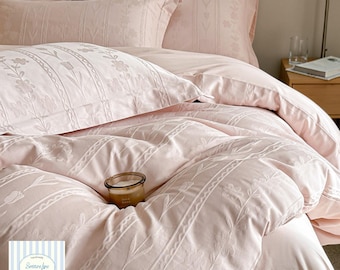 High Thread Count Cotton Bedding Set | 4 Piece Long Staple Jacquard Satin Fitted Sheet Duvet Cover