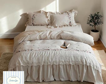 Juego de ropa de cama estilo pastoral francés / Funda nórdica de algodón y lino con encaje floral, lujo acogedor