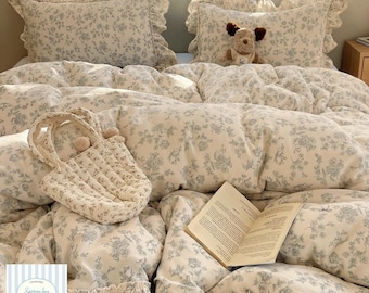 Floral Washed Cotton Bedding Set | Double Layer Cozy Bed Skirt