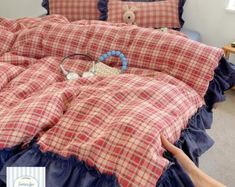 Juego de ropa de cama coreano retro de encaje / Juego de cama de lujo acogedor de 4 piezas de algodón lavado con sábana bajera ajustable