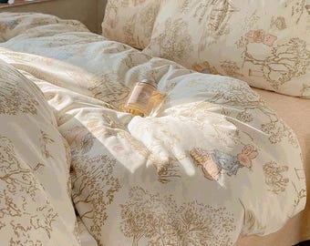 2025 100% Cotton Cartoon Bedding Set | Summer Cool Quilt Cover & Bed Sheet | Cute Dorm Room Bed Set | Student Soft Bedding 4-Piece Set