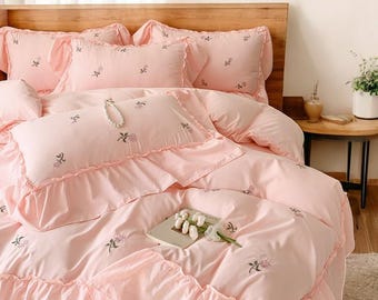 Korean Princess Washed Cotton Bedding Set | Heart Lotus Embroidery