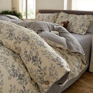 Juego de cama vintage de lino y algodón con estampado floral, diseño retro con botones, funda de edredón y sábanas 100 % algodón, fundas de almohada, juego de 4 piezas de clase A.