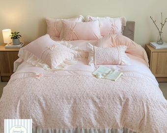 Princess Lace Cotton Bedding Set | Lillian Bow Duvet Cover, Romantic Cozy Sheets