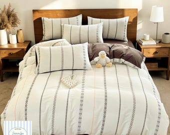 Washed Cotton Queen Bedding Set | Striped Embroidered Duvet Cover, Cozy Girly Style