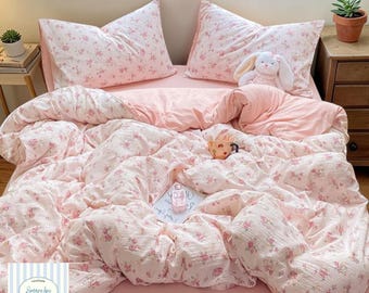 Floral Cotton Gauze Bedding Set | Double Layer Cozy Duvet Cover, Fitted Sheet