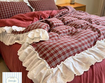 Juego de ropa de cama de gasa de doble capa / Funda nórdica de encaje retro a cuadros de 4 piezas, juego suave y acogedor