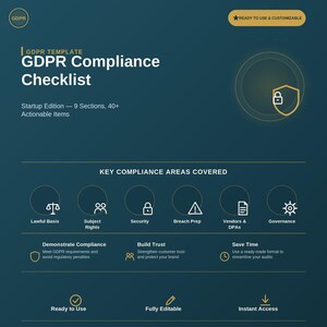 Könnte beinhalten: Eine dunkelblaue DSGVO-Compliance-Checkliste für Startups mit 9 Abschnitten und über 40 umsetzbaren Punkten. Das Dokument deckt wichtige Compliance-Bereiche wie Rechtsgrundlage, Betroffenenrechte, Sicherheit, Datenschutzverletzungen und Governance ab.
