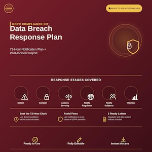 May include: A maroon digital document titled GDPR Compliance Kit Data Breach Response Plan. It features sections for response stages including detect, contain, assess severity, notify regulator, notify subjects, and review, with icons and text.