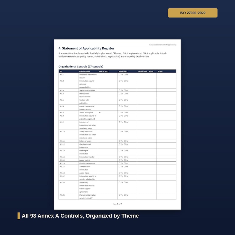 ISO 27001 Statement of Applicability Template | SoA 93 Controls ...