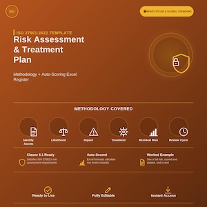 May include: An ISO 27001:2022 template for a risk assessment and treatment plan. The document features a brown background with white text, including sections for methodology, auto-scoring Excel register, and ready-to-use, fully editable features.