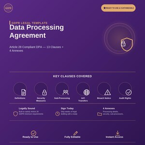 May include: A purple digital document template titled GDPR Legal Template Data Processing Agreement. It features text detailing Article 28 compliance, 13 clauses, 4 annexes, and icons representing definitions, security, sub-processing, and audit rights.