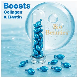 Pu&ograve; includere: Immagine promozionale con capsule blu, alcune all'interno di una provetta trasparente, altre sparse su uno sfondo azzurro. Il testo "Boosts Collagen & Elastin" &egrave; visibile, insieme al marchio "Bio Beauties".