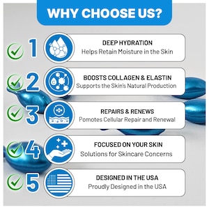Pu&ograve; includere: Un grafico con il testo "WHY CHOOSE US?" elenca cinque vantaggi di un prodotto per la cura della pelle. I vantaggi includono idratazione profonda, aumento di collagene ed elastina, riparazione e rinnovamento, focalizzato sulla pelle e progettato negli Stati Uniti.