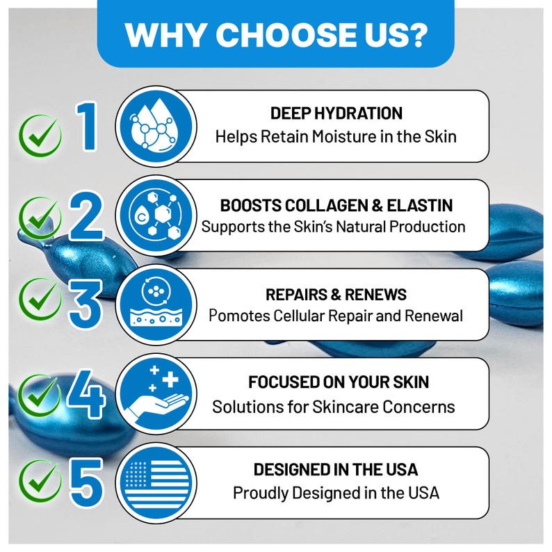 Pu&ograve; includere: Un grafico con il testo "WHY CHOOSE US?" elenca cinque vantaggi di un prodotto per la cura della pelle. I vantaggi includono idratazione profonda, aumento di collagene ed elastina, riparazione e rinnovamento, focalizzato sulla pelle e progettato negli Stati Uniti.