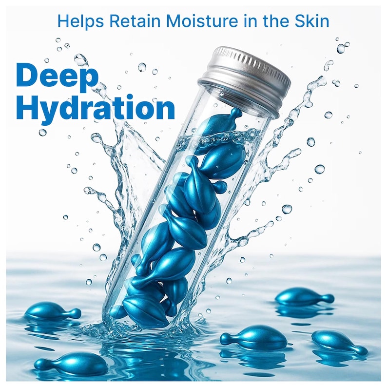 Pu&ograve; includere: Un flacone di vetro trasparente con tappo argentato, pieno di capsule blu a forma di goccia. L'immagine presenta acqua che schizza intorno al flacone e alle capsule, con le parole "Deep Hydration" e "Helps Retain Moisture in the Skin".