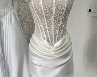 Modern Ivory After Party Bride Strapless Mini Dress | Pearl Corset Top