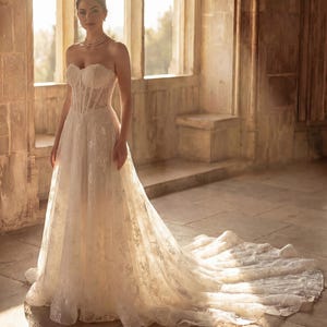 French Chantilly Lace Wedding Gown | Bespoke Strapless Sheer Corset Dress | Elegant Destination Ceremony Attire