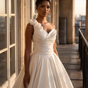 One Shoulder Mikado Ball Gown | 3D Floral Wedding Dress | Cathedral Train Formal Bridal