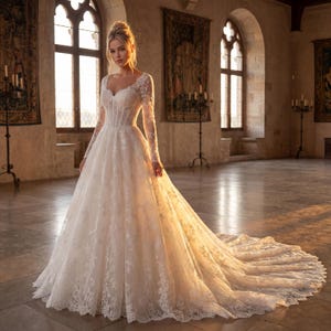 French Chantilly Lace Wedding Gown | Bespoke Long Sleeve Boned Dress | Regal Cathedral Ceremony Attire