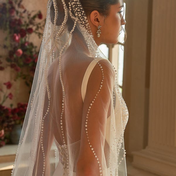 Kathedralen Perle Brautschleier – Handdrapierter italienischer Tüll, Swarovski Kristalle
