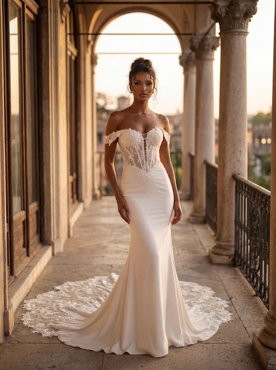Silk Crepe Wedding Mermaid Gown | Bespoke Hand-cut Alencon Corset Dress | Modern Destination Ceremony Attire